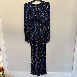 ASTR Suzy satin cutout maxi Gold Navy Patterned Dress S NWOT
